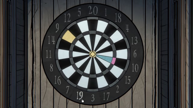 A dart board with different colored sections
