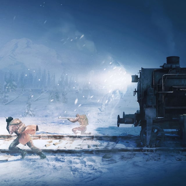 Three people fighting in the snow in front of a stopped steam train