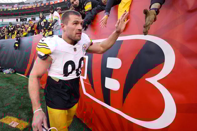 Dec 1, 2024; Cincinnati, Ohio, USA; Pittsburgh Steelers linebacker T.J. Watt (90) celebrates following the win against the Cincinnati Bengals at Paycor Stadium. Mandatory Credit: Joseph Maiorana-Imagn Images/ File Photo