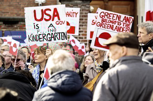Demonstrators showing how they feel about the US&#39;s proposal to take over Greenland at a protest in front of the U.S. embassy, in Copenhagen, Saturday, March 29, 2025.