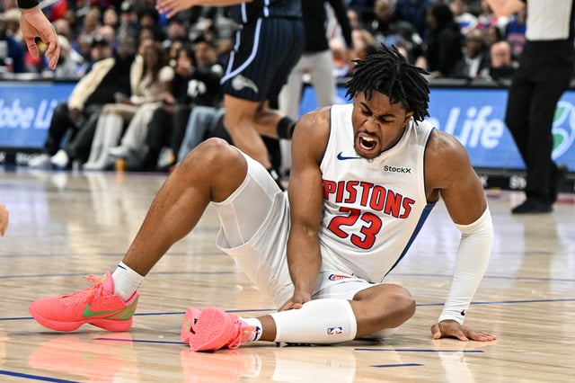 Jan 1, 2025; Detroit, Michigan, USA;  Detroit Pistons guard Jaden Ivey (23) grabs his leg as he falls to the court after being injured against the Orlando Magic in the fourth quarter at Little Caesars Arena. Mandatory Credit: Lon Horwedel-Imagn Images/ File Photo