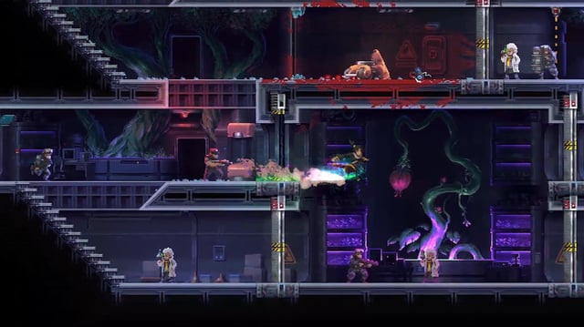 Katana Zero - a sidescrol underground lab with soldiers and scientists where a samurai with a sword bashes through a door to attack