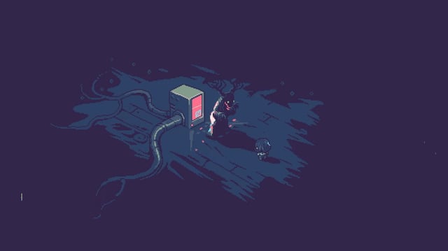 Neverway - A terrifying tall, dark figure with horns and yellow eyes motions to Fiona in front of a computer screen