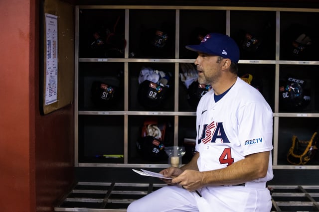 Mar 13, 2023; Phoenix, Arizona, USA; USA manager Mark DeRosa checks his lineup prior to game against Canada during the World Baseball Classic at Chase Field. Mandatory Credit: Mark J. Rebilas-USA TODAY Sports/File Photo