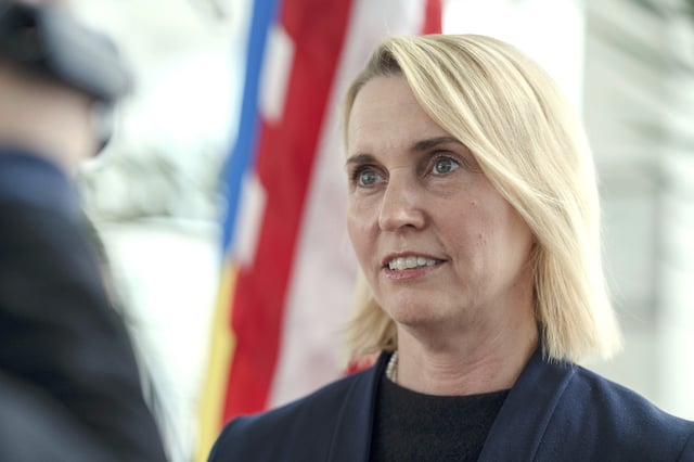FILE - U.S. Ambassador to Ukraine Bridget Brink speaks during a news conference in Izmail, Ukraine, April 26, 2023. (AP Photo/Andrew Kravchenko, File)