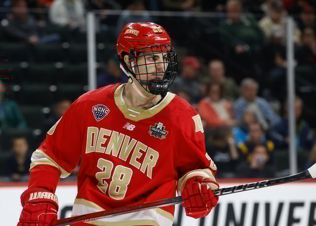 Zeev Buium #28 of the Denver Pioneers skates against the Boston University Terriers in the first period during the NCAA Mens Hockey Frozen Four semifinal at the Xcel Energy Center on April 11, 2024 in St. Paul, Minnesota. The Pioneers won 2-1 in overtime.