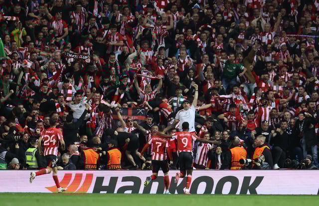 Soccer Football - Europa League - Quarter Final - First Leg - Rangers v Athletic Bilbao - Ibrox, Glasgow, Scotland, Britain - April 10, 2025 Athletic Bilbao's Alex Berenguer celebrates scoring a goal that was later disallowed with  Inaki Williams REUTERS/Russell Cheyne
