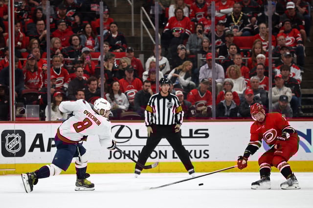 Alex Ovechkin #8 of the Washington Capitals shoots and scores a goal during the second period of the game against the Carolina Hurricanes at Lenovo Center on April 02, 2025 in Raleigh, North Carolina.