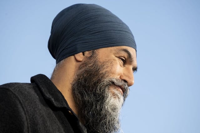 NDP Leader Jagmeet Singh gives remarks and speaks to reporters during a campaign stop, in Saskatoon, Thursday, April 10, 2025. A national Sikh organization is condemning a Saskatchewan legislature member who called Singh a terrorist. THE CANADIAN PRESS/Christopher Katsarov