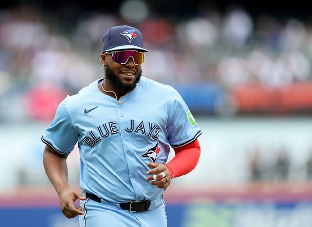 NEW YORK, NEW YORK - APRIL 04: Vladimir Guerrero Jr. #27 of the Toronto Blue Jays is introduced before the home opener for the New York Mets at Citi Field on April 04, 2025 in the Flushing neighborhood of the Queens borough of New York City. The New York Mets defeated the Toronto Blue Jays 5-0.