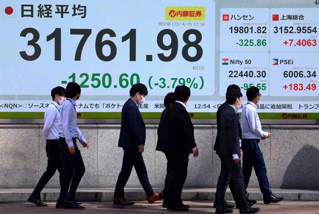 Passersby walk in front of an electronic screen displaying Japan's Nikkei share average outside a brokerage in Tokyo, Japan April 9, 2025. REUTERS/Issei Kato/File Photo