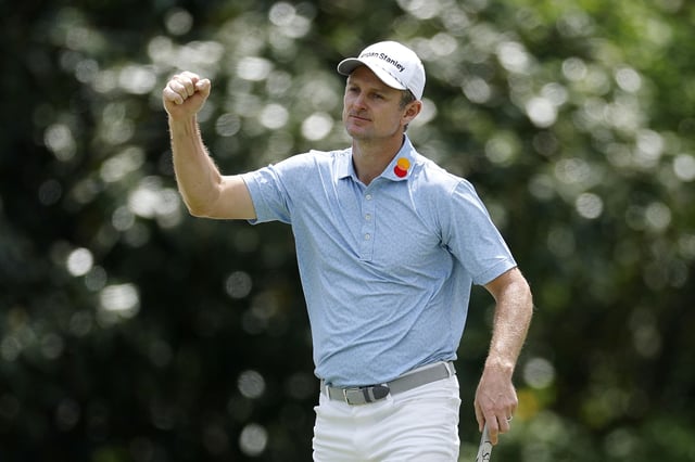 AUGUSTA, GEORGIA - APRIL 10: Justin Rose of England reacts after making par on the fifth green during the first round of the 2025 Masters Tournament at Augusta National Golf Club on April 10, 2025 in Augusta, Georgia. (Photo by Harry How/Getty Images)