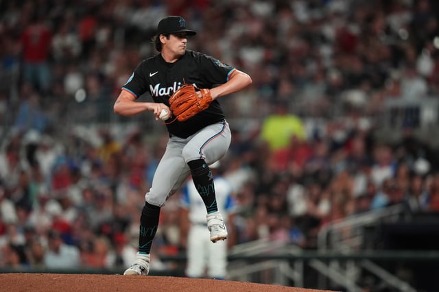 ATLANTA, GEORGIA - APRIL 5: Cal Quantrill #47 of the Miami Marins in the game against the Atlanta Braves at Truist Park on April 5, 2025 in Atlanta, Georgia.