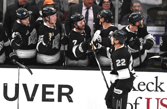 The Kings’ Kevin Fiala (22) high-fives teammates as he skates past the bench after scoring a goal during the second period of their game against the Ducks on Thursday, April 10, 2025, at Crypto.com Arena. Fiala scored two power-play goals in a 6-1 win. (Photo by Keith Birmingham, Orange County Register/SCNG)