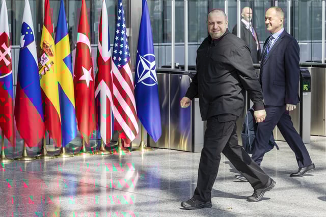 Ukraine's Defense Minister Rustem Umerov arrives for a coalition of the willing defence ministers meeting at NATO headquarters in Brussels, Belgium, Thursday, April 10, 2025. (AP Photo/Geert Vanden Wijngaert)