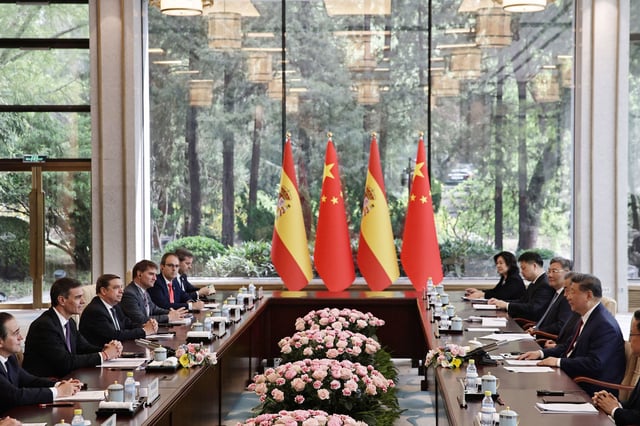 Chinese leader Xi Jinping speaks during a meeting with Spanish Prime Minister Pedro Sanchez at Diaoyutai Guest House in Beijing on April 11, 2025.