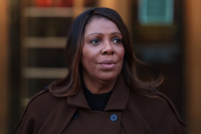 New York Attorney General Letitia James speaks during a press conference on the Department of Government Efficiency at Manhattan Federal Courthouse on February 14, 2025 in New York City.
