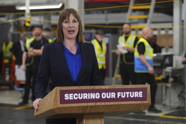 Chancellor of the Exchequer, Rachel Reeves speaks during a visit to the Jaguar Land Rover car factory in Birmingham, England, Monday, April 7, 2025. (AP Photo/Kirsty Wigglesworth, Pool)