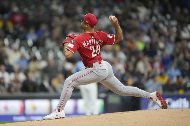 MILWAUKEE, WISCONSIN - APRIL 04: Nick Martinez #28 of the Cincinnati Reds throws a pitch against the Milwaukee Brewers during the first inning at American Family Field on April 04, 2025 in Milwaukee, Wisconsin.