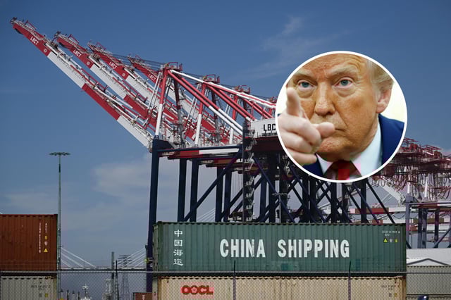 A China Shipping cargo container sits stacked at the Port of Long Beach in Long Beach, California on April 10, 2025. President Donald Trump answers a reporters question during a meeting with Israeli Prime Minister Benjamin in the Oval Office of the White House on April 7, 2025 in Washington, DC.