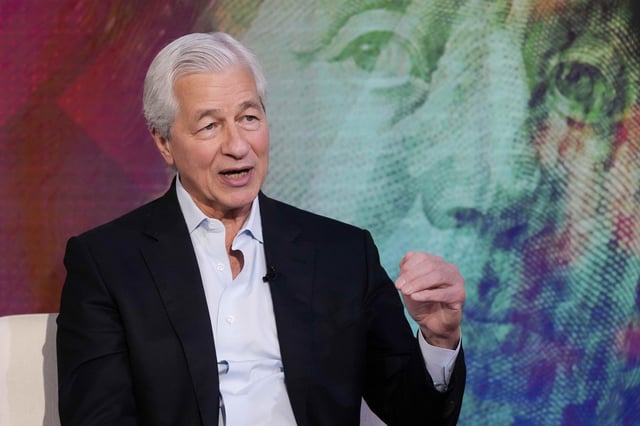 JPMorgan CEO Jamie Dimon is interviewed by Maria Bartiromo on the "Mornings with Maria Bartiromo" program, on the Fox Business Network, in New York Wednesday, April 9, 2025. (AP Photo/Richard Drew)