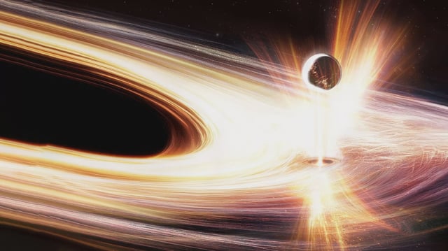 This artist’s impression illustrates the mechanism that could be at the origin of the powerful bursts of X-ray light seen from a newly awakened black hole named Ansky. A bright disc of purplish, white and gold lines surrounds a black ellipse-shaped area, that looks like a hole in space. A ball of shining material pierces through the disc; an eruption of bright white-to-gold rays encircles the small hole in the disc provoked by the passage of the shining ball.] CREDIT: ESA