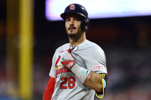 PHILADELPHIA, PENNSYLVANIA - JUNE 02: Nolan Arenado #28 of the St. Louis Cardinals looks on during the third inning against the Philadelphia Phillies at Citizens Bank Park on June 02, 2024 in Philadelphia, Pennsylvania.