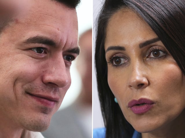 FILES - This combo shows Daniel Noboa, left, at a campaign event in Quito, Ecuador during his first bid for president on Sept. 29, 2023, and Luisa Gonzalez, right, presidential candidate with the Citizen Revolution party, during an interview in Quito, Ecuador on Aug. 14, 2023. (AP Photo/Dolores Ochoa, Files)