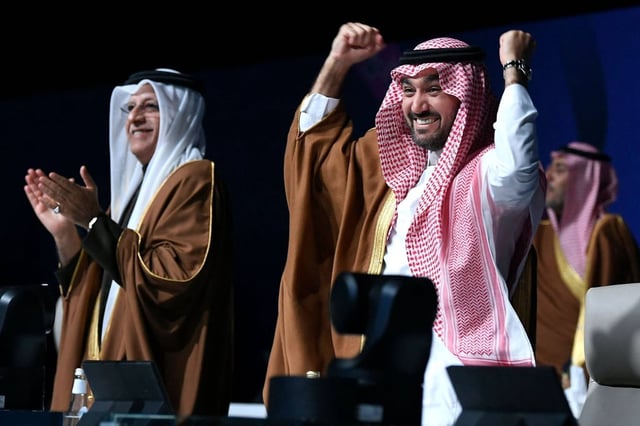 Asian Football Confederation president Sheikh Salman celebrates the awarding of the 2034 World Cup to Saudi Arabia. Photo: AFP