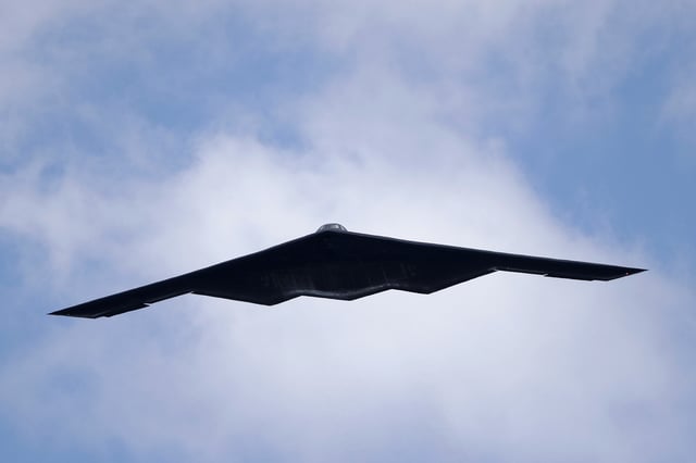 A B-2 Spirit stealth bomber, assigned to the 509th/131st Bomb Wings out of Whiteman Air Force Base, performs a flyover of Barnes-Jewish Hospital to honor healthcare professionals and essential employees fighting against the coronavirus May 8, 2020.