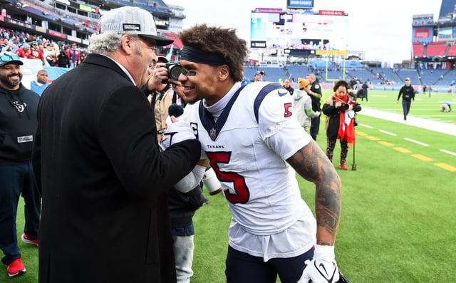 Dec 17, 2023; Nashville, Tennessee, USA; Houston Texans safety Jalen Pitre (5) celebrates with Texans CEO Cal McNair after an overtime win against the Tennessee Titans at Nissan Stadium. Mandatory Credit: Christopher Hanewinckel-USA TODAY Sports/ File Photo