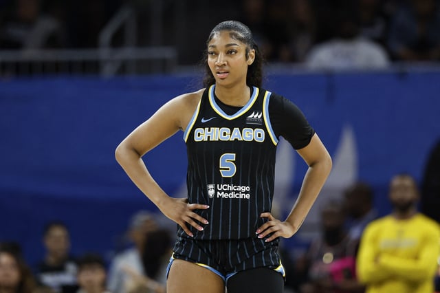 Aug 25, 2024; Chicago, Illinois, USA; Chicago Sky forward Angel Reese (5) looks on during the first half of a basketball game against the Las Vegas Aces at Wintrust Arena. Mandatory Credit: Kamil Krzaczynski-USA TODAY Sports/ File Photo