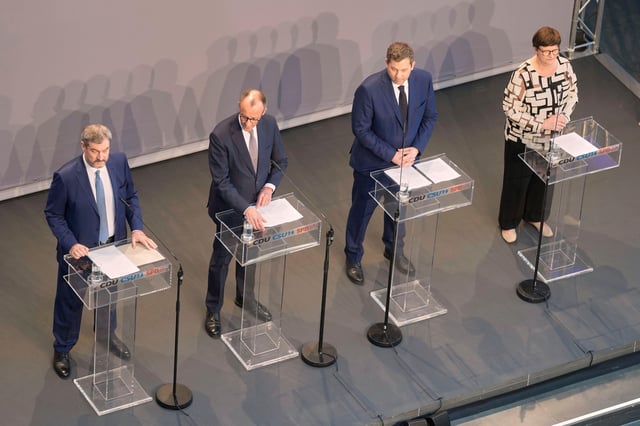 German coalition leaders brief the media after reaching an agreement between their parties on a new government. Credit: Markus Schreiber / Alamy Stock Photo