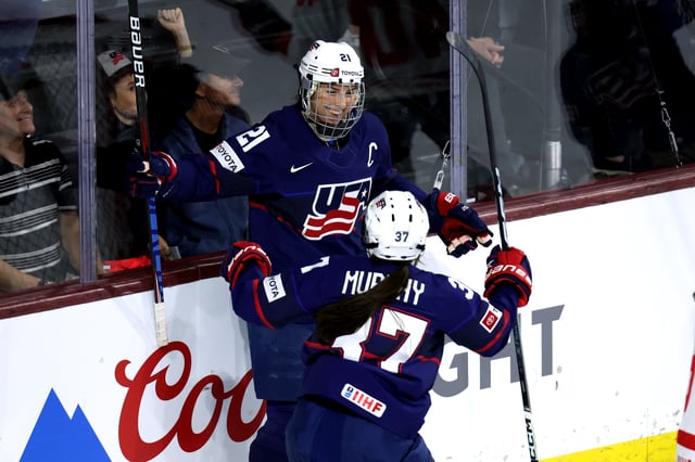 Hilary Knight #21 of Team USA celebrates a goal during the first period with Abbey Murphy #37 in the game against Team Canada at Mullett Arena on November 08, 2023 in Tempe, Arizona.