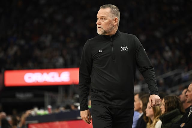 Head coach Michael Malone of the Denver Nuggets looks on against the Golden State Warriors in the second quarter at Chase Center on April 04, 2025.