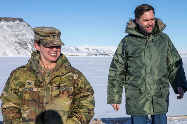 U.S. Vice President JD Vance walks with Col. Susannah Meyers, commander of the U.S. military's Pituffik Space Base, as they tour the base in Greenland on March 28, 2025. Col. Susannah Meyers, commander of the US military's Pituffik Space Base, was removed from command on April 10, 2025, according to a statement released by the Space Operations Command.     JIM WATSON/Pool via REUTERS