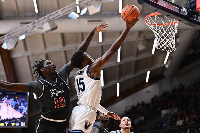 Nov 29, 2023; Villanova, Pennsylvania, USA; Villanova Wildcats guard Jordan Longino (15) shoots against Saint Joseph's Hawks forward Rasheer Fleming (13) in the first half at William B. Finneran Pavilion. Mandatory Credit: Kyle Ross-USA TODAY Sports/File Photo