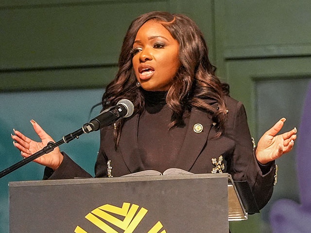US Congresswoman Jasmine Crockett, who received an award at the ceremony, speaks during the commemoration ceremony held at the Shahbaz Center in New York on the 60th anniversary of the assassination of the black Muslim leader Malcolm X (al-Haj Malik al-Shahbaz), the symbol of the struggle against racism in the New York, United States on February 21, 2025.. (Photo by Selcuk Acar/Anadolu via Getty Images)