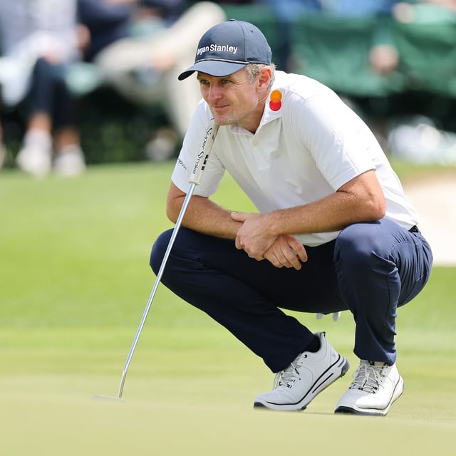 AUGUSTA, GEORGIA - APRIL 11: Justin Rose of England lines up a putt on the 18th hole during the second round of the 2025 Masters Tournament at Augusta National Golf Club on April 11, 2025 in Augusta, Georgia. (Photo by Michael Reaves/Getty Images)