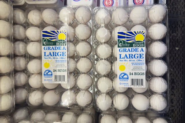 Eggs are displayed in a grocery store in Carmel, Ind., Wednesday, April 9, 2025. (AP Photo/Michael Conroy)