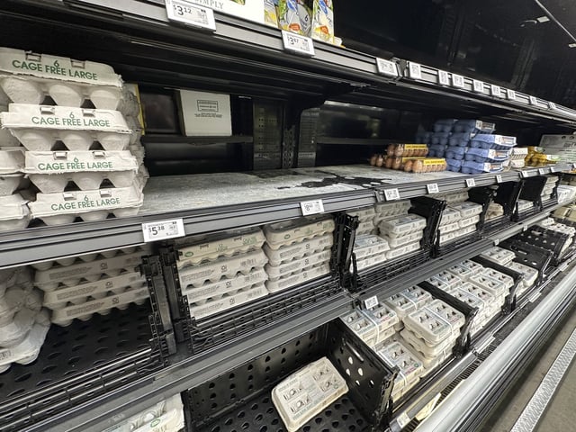 FILE - Cartons of eggs sit on a shelf in a Walmart store, March 10, 2025, in Englewood, Colo. (AP Photo/David Zalubowski, File)