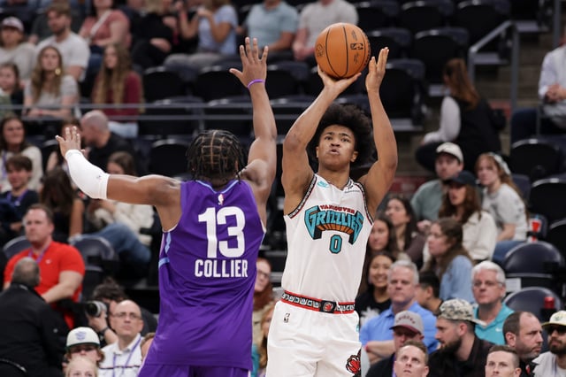 Mar 25, 2025; Salt Lake City, Utah, USA;  Memphis Grizzlies forward Jaylen Wells (0) shoots the ball over Utah Jazz guard Isaiah Collier (13) during the second half at Delta Center. Mandatory Credit: Chris Nicoll-Imagn Images/File Photo