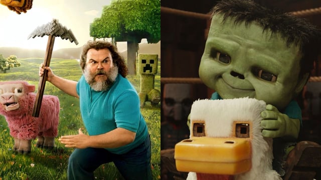 A snip from Minecraft Movie Poster (Left) Infamous 'Chicken Jockey' scene from the film (Right)
