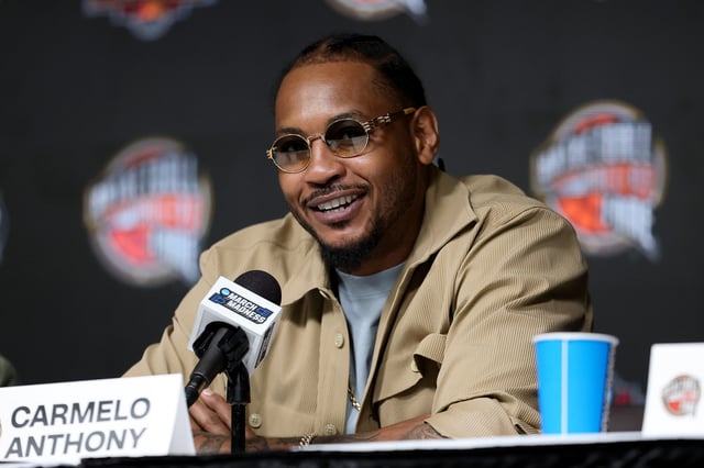 Carmelo Anthony speaks with media during the Naismith Basketball Hall of Fame Press Conference before the Final Four game of the NCAA Men&#39;s Basketball Tournament at the Alamodome on April 05, 2025 in San Antonio, Texas.