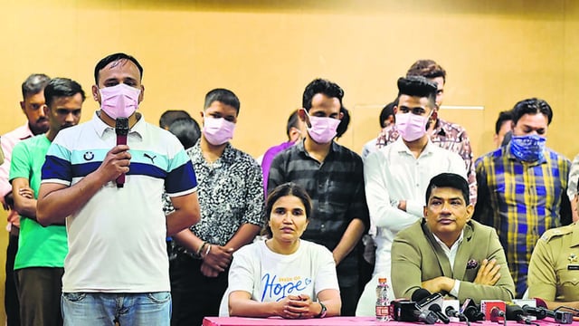 Mumbai, India - April 11, 2025: Satish(L) one of rescued cyber slavery victim addresing to media , Yashasvi Yadav (2nd Right) of Maharashtra Cyber Dept along with his team rescued 60 people from Mynamar under Cyber slavery, addresing to media in press conference at World Trade Centre, in Mumbai, India, on Friday, April 11, 2025. (Photo by Anshuman Poyrekar/ Hindustan Times) (Hindustan Times)