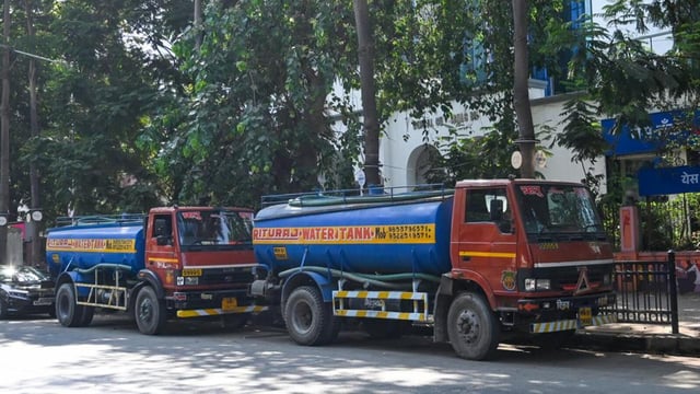 Water tankers parked in the Prabhadevi area after the Mumbai Water Tanker Association (MWTA) suspended water supply across the city indefinitely. (Raju Shinde/ Hindustan Times)