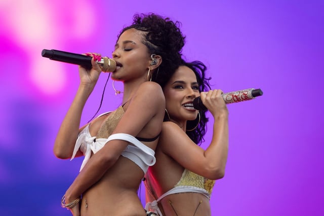 From left, Tyla and Becky G perform on the Outdoor stage during day one of the Coachella Valley Music and Arts Festival in Indio on Friday, April 11, 2025. (Photo by Drew A. Kelley, Press-Telegram/SCNG)