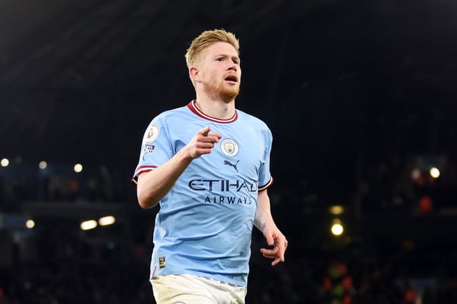 Kevin De Bruyne of Manchester City celebrates after scoring the team&#39;s third goal during the Premier League match between Manchester City and Arsenal FC at Etihad Stadium on April 26, 2023 in Manchester, England.
