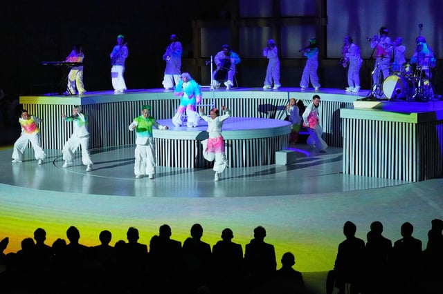 Artists perform during the opening ceremony of Osaka Expo 2025 in Osaka, western Japan, Saturday, April 12, 2025. (AP Photo/Hiro Komae)