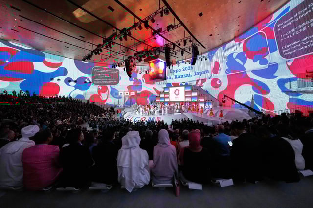 Guests watch the opening ceremony of Osaka Expo 2025 in Osaka, western Japan, Saturday, April 12, 2025. (AP Photo/Hiro Komae)